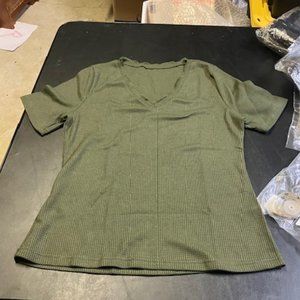 Goranbon Women's Army Green V-Neck Waffle Knit Short Sleeve T-shirt L NIB